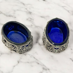 Antique French Ornate Silver Plated Footed Salt Cellars with Cobalt Blue Glass Inserts (1800s)