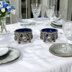Antique French Ornate Silver Plated Footed Salt Cellars with Cobalt Blue Glass Inserts (1800s)