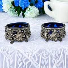 Antique French Ornate Silver Plated Footed Salt Cellars with Cobalt Blue Glass Inserts (1800s)