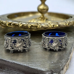 Antique French Ornate Silver Plated Footed Salt Cellars with Cobalt Blue Glass Inserts (1800s)