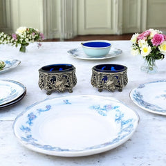 Antique French Ornate Silver Plated Footed Salt Cellars with Cobalt Blue Glass Inserts (1800s)