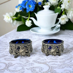 Antique French Ornate Silver Plated Footed Salt Cellars with Cobalt Blue Glass Inserts (1800s)