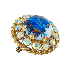 Vintage French Blue Art Glass Cabochon & AB Rhinestones Gold Tone Round Brooch