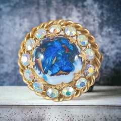 Vintage French Blue Art Glass Cabochon & AB Rhinestones Gold Tone Round Brooch