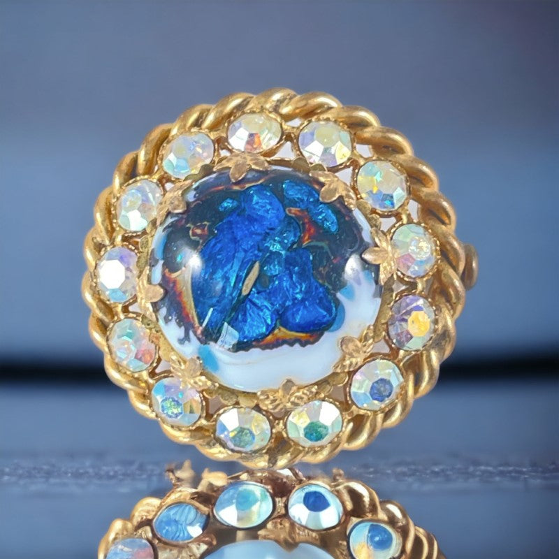 Vintage French Blue Art Glass Cabochon & AB Rhinestones Gold Tone Round Brooch