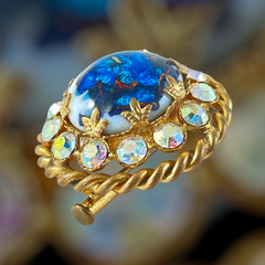 Vintage French Blue Art Glass Cabochon & AB Rhinestones Gold Tone Round Brooch
