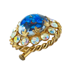 Vintage French Blue Art Glass Cabochon & AB Rhinestones Gold Tone Round Brooch