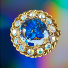 Vintage French Blue Art Glass Cabochon & AB Rhinestones Gold Tone Round Brooch