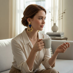 Vintage French modernist clip-on earrings with faceted blue round cabochons, layered gold and silver-tone metal crescents, and long sculptural dangles; shown from multiple angles to highlight texture, asymmetry, and mixed-metal design.