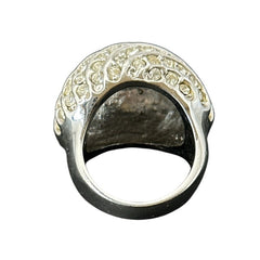 Vintage French silver-tone cocktail ring from the 1990s, featuring diagonal rows of clear pave rhinestones in a high rounded design, in very good vintage condition.