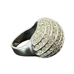 Vintage French silver-tone cocktail ring from the 1990s, featuring diagonal rows of clear pave rhinestones in a high rounded design, in very good vintage condition.