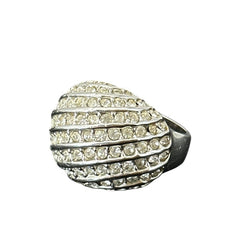 Vintage French silver-tone cocktail ring from the 1990s, featuring diagonal rows of clear pave rhinestones in a high rounded design, in very good vintage condition.
