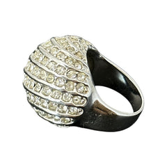Vintage French silver-tone cocktail ring from the 1990s, featuring diagonal rows of clear pave rhinestones in a high rounded design, in very good vintage condition.
