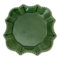 Moss green ceramic serving dish by California Pantry, vintage 2005, featuring scalloped edges and a beaded rim; ideal for Camembert cheese, nuts, or sweets; photographed in natural light to highlight glossy glaze and artisanal details.