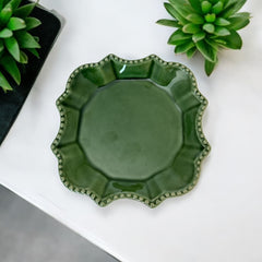 Moss green ceramic serving dish by California Pantry, vintage 2005, featuring scalloped edges and a beaded rim; ideal for Camembert cheese, nuts, or sweets; photographed in natural light to highlight glossy glaze and artisanal details.