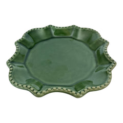 Moss green ceramic serving dish by California Pantry, vintage 2005, featuring scalloped edges and a beaded rim; ideal for Camembert cheese, nuts, or sweets; photographed in natural light to highlight glossy glaze and artisanal details.
