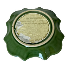 Moss green ceramic serving dish by California Pantry, vintage 2005, featuring scalloped edges and a beaded rim; ideal for Camembert cheese, nuts, or sweets; photographed in natural light to highlight glossy glaze and artisanal details.