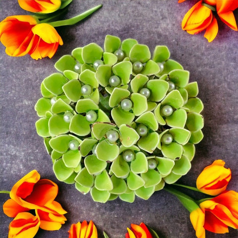 Vintage Green Enamel & Faux Pearls Hydrangea Statement Brooch