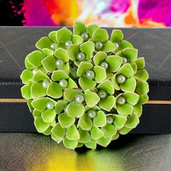 Vintage Green Enamel & Faux Pearls Hydrangea Statement Brooch