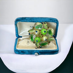 Vintage 1950s Peridot Green Ribbed Givre Glass Floral Brooch