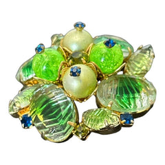 Vintage 1950s Peridot Green Ribbed Givre Glass Floral Brooch