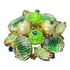 Vintage 1950s Peridot Green Ribbed Givre Glass Floral Brooch