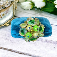 Vintage 1950s Peridot Green Ribbed Givre Glass Floral Brooch