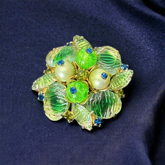 Vintage 1950s Peridot Green Ribbed Givre Glass Floral Brooch