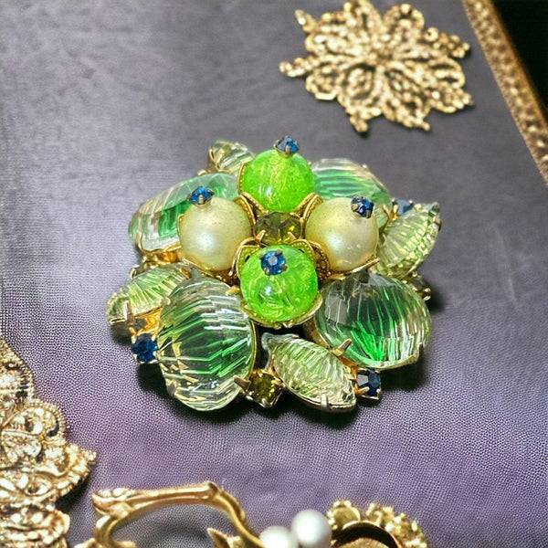 Gyn&Joy Antique Gold Leaf & Grape Brooch Pin - Green Enamel, Faux Pearl Beads, Vintage Style