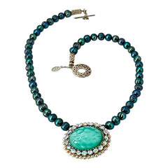 Peacock Green Freshwater Pearl Necklace with Vintage Art Glass Cabochon Brooch Pendant