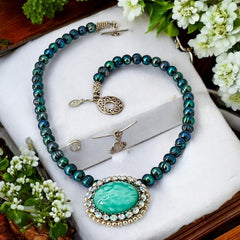 Peacock Green Freshwater Pearl Necklace with Vintage Art Glass Cabochon Brooch Pendant