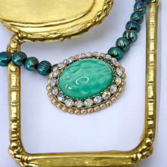 Peacock Green Freshwater Pearl Necklace with Vintage Art Glass Cabochon Brooch Pendant