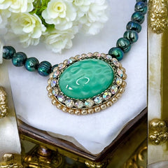 Peacock Green Freshwater Pearl Necklace with Vintage Art Glass Cabochon Brooch Pendant