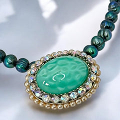 Peacock Green Freshwater Pearl Necklace with Vintage Art Glass Cabochon Brooch Pendant