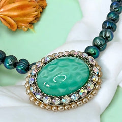 Peacock Green Freshwater Pearl Necklace with Vintage Art Glass Cabochon Brooch Pendant