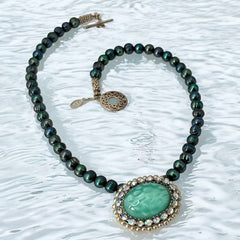 Peacock Green Freshwater Pearl Necklace with Vintage Art Glass Cabochon Brooch Pendant