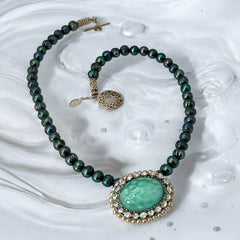 Peacock Green Freshwater Pearl Necklace with Vintage Art Glass Cabochon Brooch Pendant