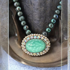 Peacock Green Freshwater Pearl Necklace with Vintage Art Glass Cabochon Brooch Pendant