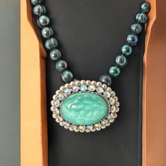 Peacock Green Freshwater Pearl Necklace with Vintage Art Glass Cabochon Brooch Pendant