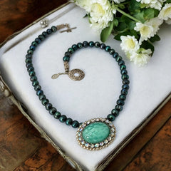 Peacock Green Freshwater Pearl Necklace with Vintage Art Glass Cabochon Brooch Pendant