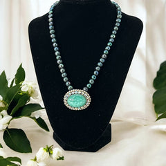 Peacock Green Freshwater Pearl Necklace with Vintage Art Glass Cabochon Brooch Pendant