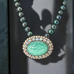 Peacock Green Freshwater Pearl Necklace with Vintage Art Glass Cabochon Brooch Pendant
