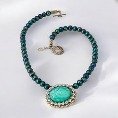Peacock Green Freshwater Pearl Necklace with Vintage Art Glass Cabochon Brooch Pendant