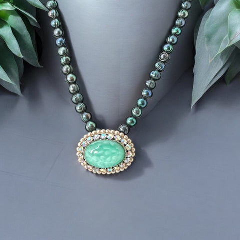 Peacock Green Freshwater Pearl Necklace with Vintage Art Glass Cabochon Brooch Pendant