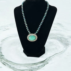 Peacock Green Freshwater Pearl Necklace with Vintage Art Glass Cabochon Brooch Pendant