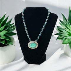 Peacock Green Freshwater Pearl Necklace with Vintage Art Glass Cabochon Brooch Pendant