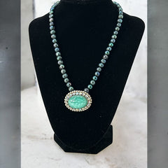 Peacock Green Freshwater Pearl Necklace with Vintage Art Glass Cabochon Brooch Pendant