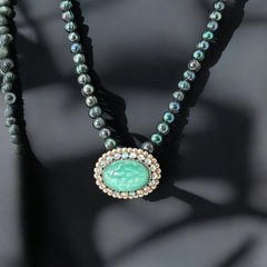 Peacock Green Freshwater Pearl Necklace with Vintage Art Glass Cabochon Brooch Pendant