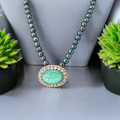 Peacock Green Freshwater Pearl Necklace with Vintage Art Glass Cabochon Brooch Pendant