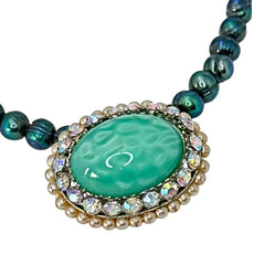 Peacock Green Freshwater Pearl Necklace with Vintage Art Glass Cabochon Brooch Pendant